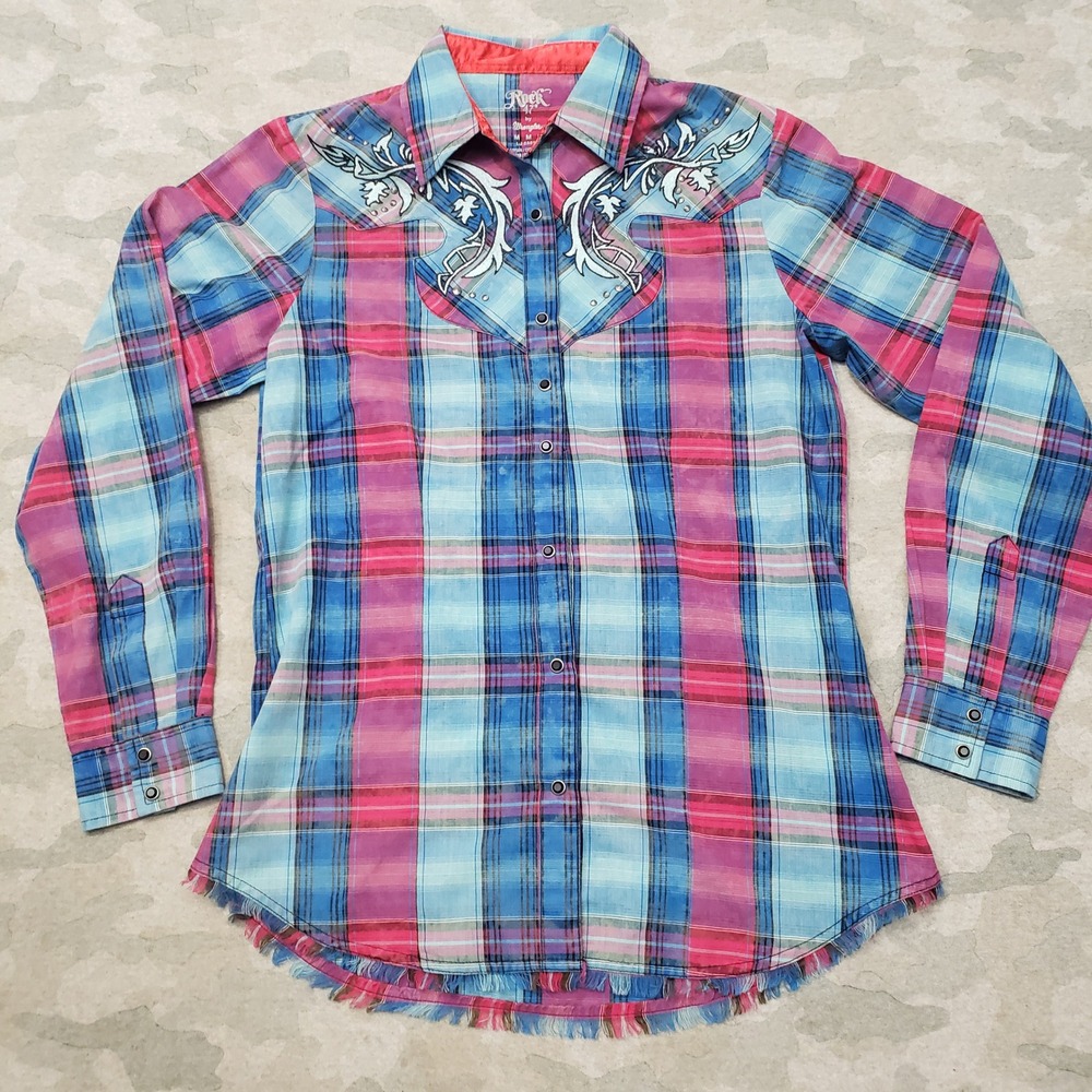 Rock 47 by Wrangler Top Womens Medium Blue Pearl Snap Long Sleeve Plaid Cowgirl - Picture 1 of 11